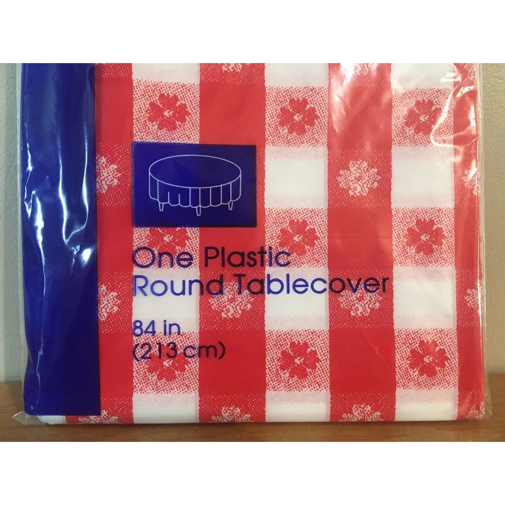 Hoffmaster RED GINGHAM ROUND PLASTIC TABLECOVER 84